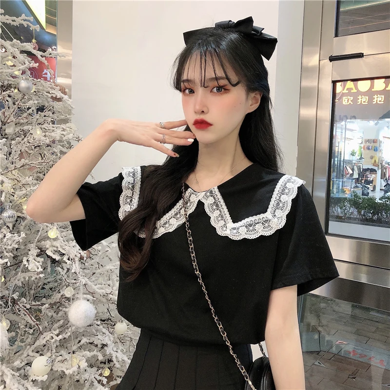 

3 Sizes M-xl Lace Patchwork Ruffled Collar Women Casual Broadcloth Short Sleeve Summer Simple Regular Female Top T-shirts