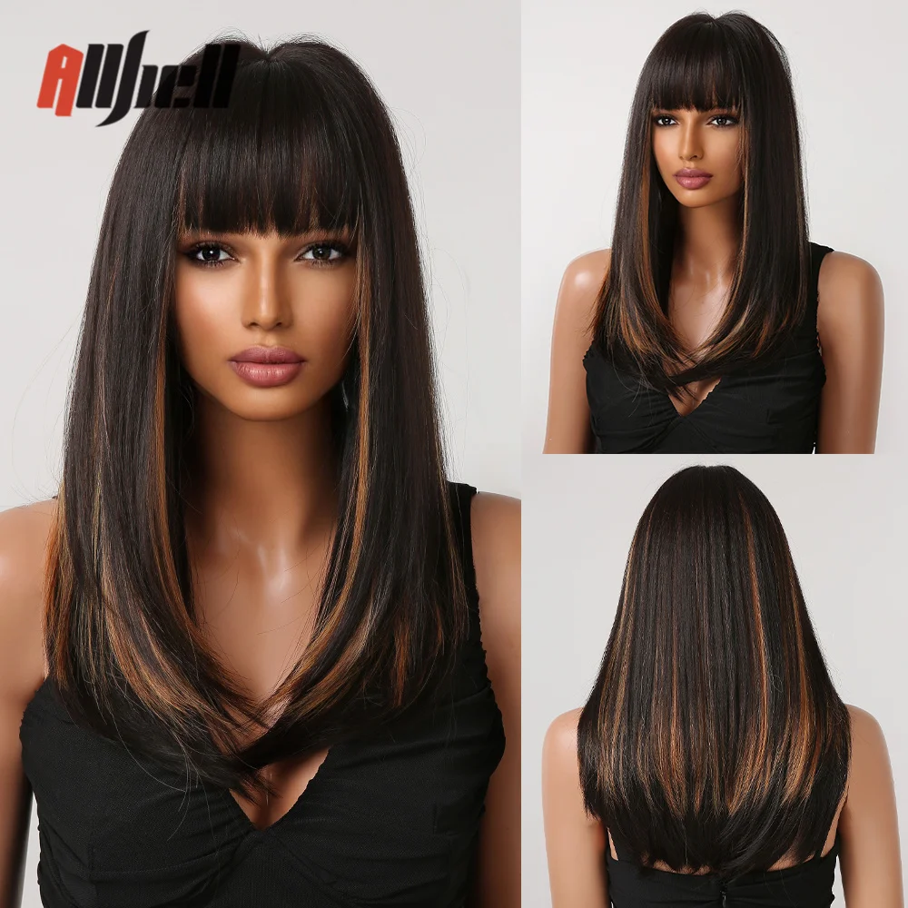 

Black Red Brown Shoulder Length Straight Wig With Bangs Synthetic Natural Heat Resistant Cosplay Party Hair Wig for Black Women