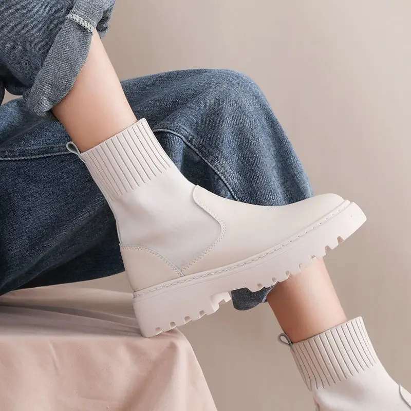 

Ankle Boots Woman Slip-On Shoes Women Fashion Knitted Elastic Round Toe Short Boots Platform Square Heels Leather Boots Women