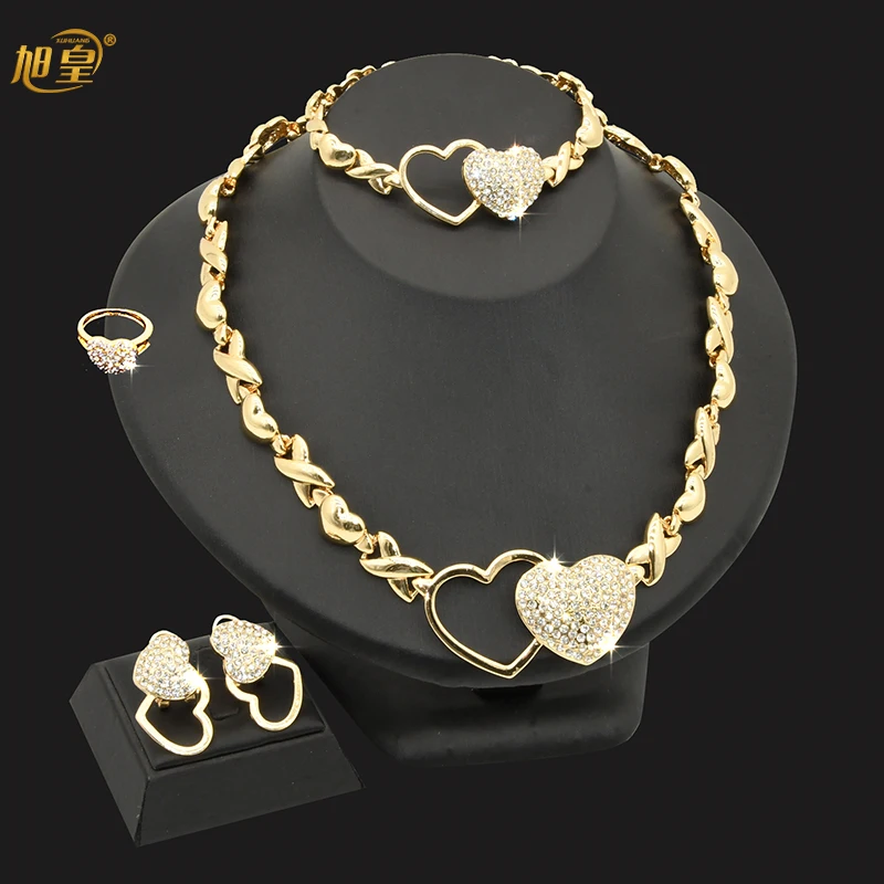 

XUHUANG Xoxo Crystal Heart Necklace Bracelets Dubai Ethiopian Banquet Wedding Plated Gold Jewelry Sets Morocco African Chokers