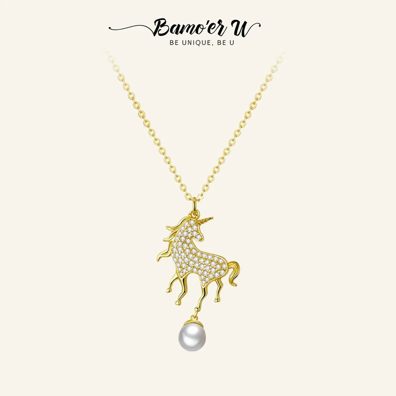 Купи BAMOER U 925 Sterling Silver Pearl Pony Necklace for Women Plated Gold Pendant Bead Fashion Necklaces Fine Party Jewelry Gift за 1,303 рублей в магазине AliExpress