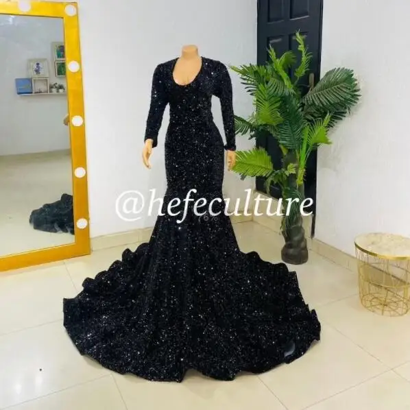 

Black African American Prom Dresses Mermaid Long Sleeves Sequins Sparkle Black Girls Nigeria Robe De Soiree Evening Dress Gown