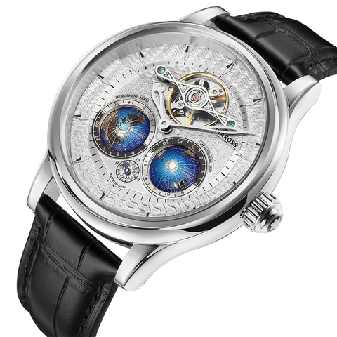 Мужские наручные часы ведущей марки SEAKOSS с 3D заземлением, Роскошные автоматические, вращающийся глобус часы в виде планеты, 1963 пилотов, часы с хронографом