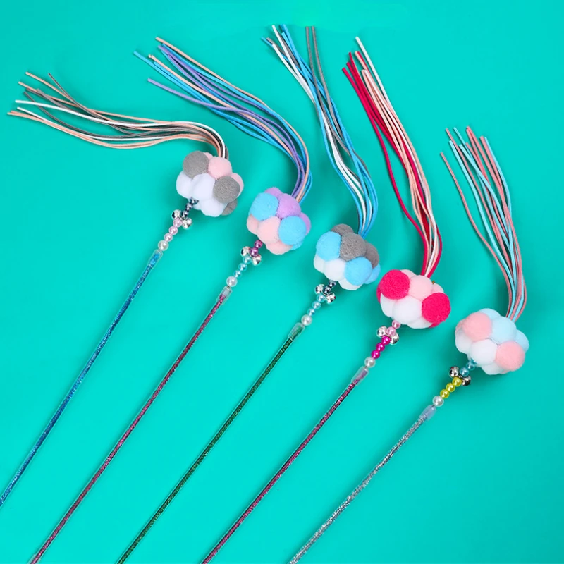 

Игрушка для кошек, котят, телескопическая палка, разноцветная кисточка для домашних животных, палка с помпоном и колокольчиком, товары для д...