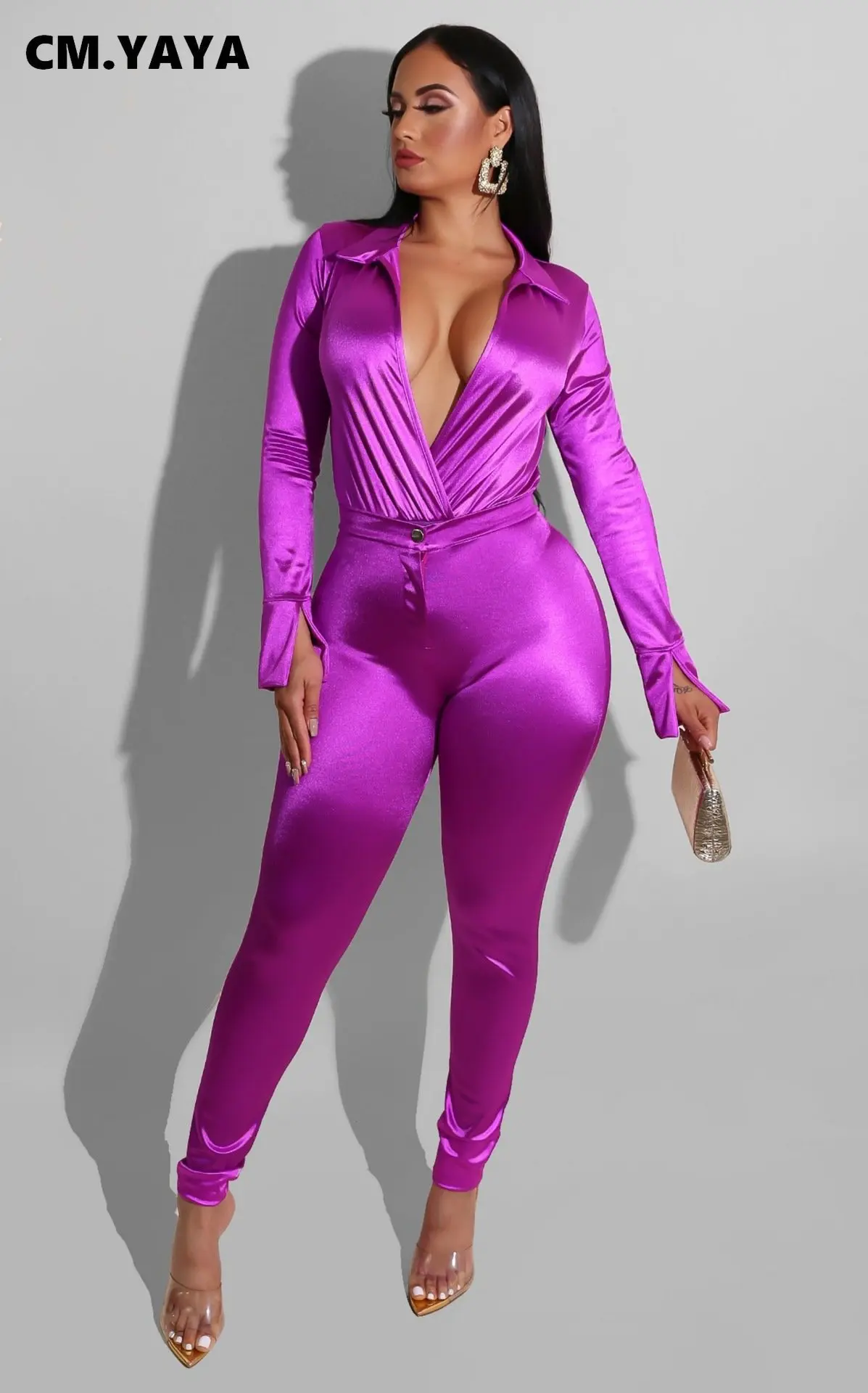Женский Атласный Костюм CM.YAYA комплект из двух предметов рубашка с отложным