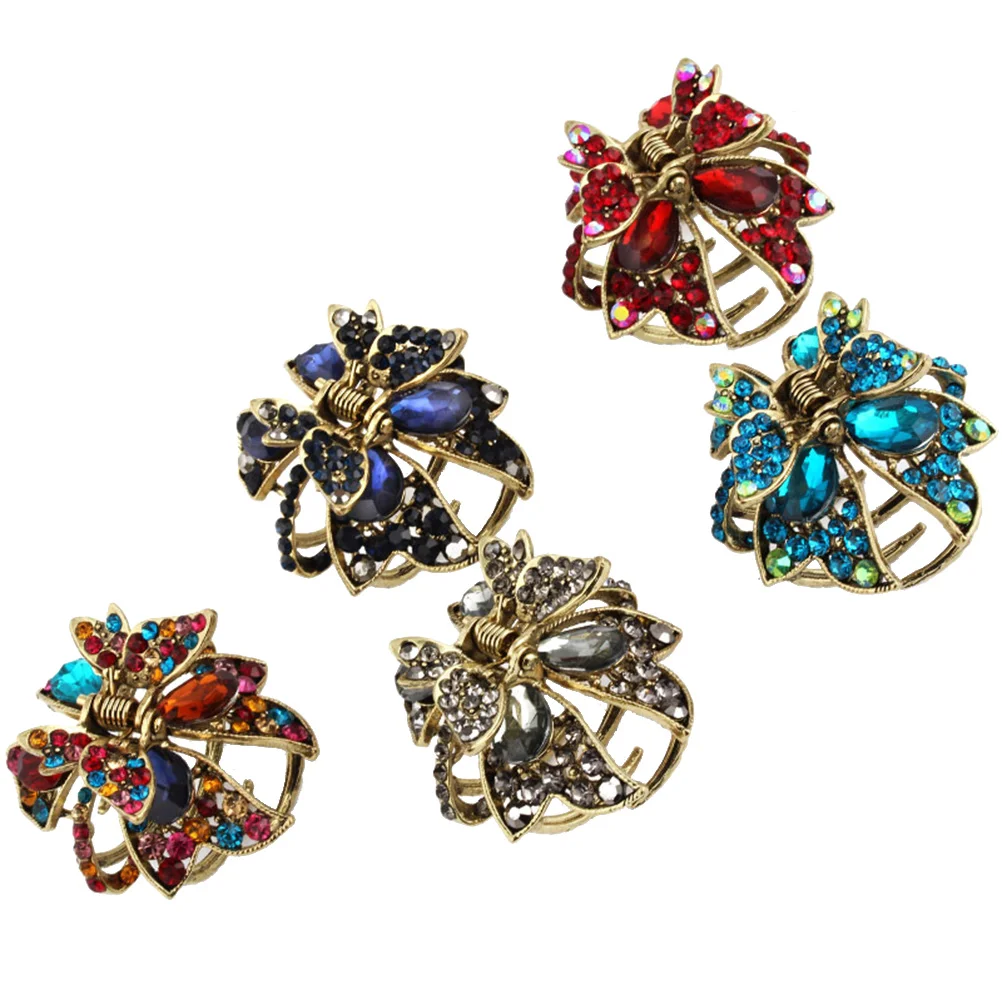 

5pcs Alloy Mini Hair Claw Rhinestone Inlaid Hair Clamps for Girls Lady (Red Lake Blue Royalblue Colorful Grey for Each 1pc)