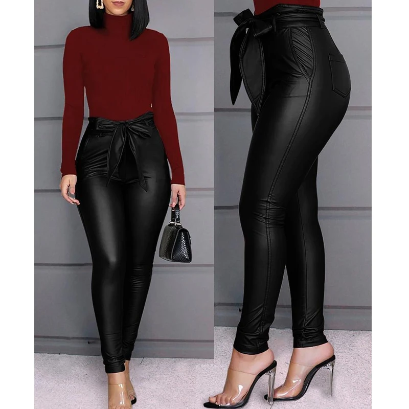 

Wepbel Fashion Casual Pu Pants High Waist Solid Color Leather Pants Spring High Waist Skinny PU Pants Pencil Trousers