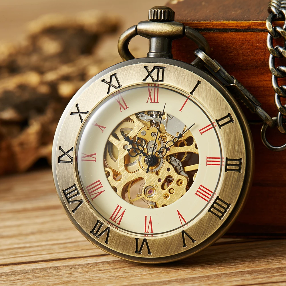 Bronze Vintage Mechanical Pocket Watch Men Roman Dial Fob Chains Skeleton Steampunk Clock Antique Pendant Necklace reloj hombre