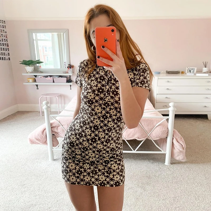 

Summer New 2023 Vintage Brown Y2K Mini Dresses Women Korean Fashion Floral Printed Harajuku Dress 2000s Aesthetic Outfits E Girl