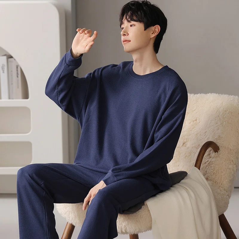 Autumn and winter new men's double long knitted imitation cotton 180g solid color casual simple round neck pullover home clothes