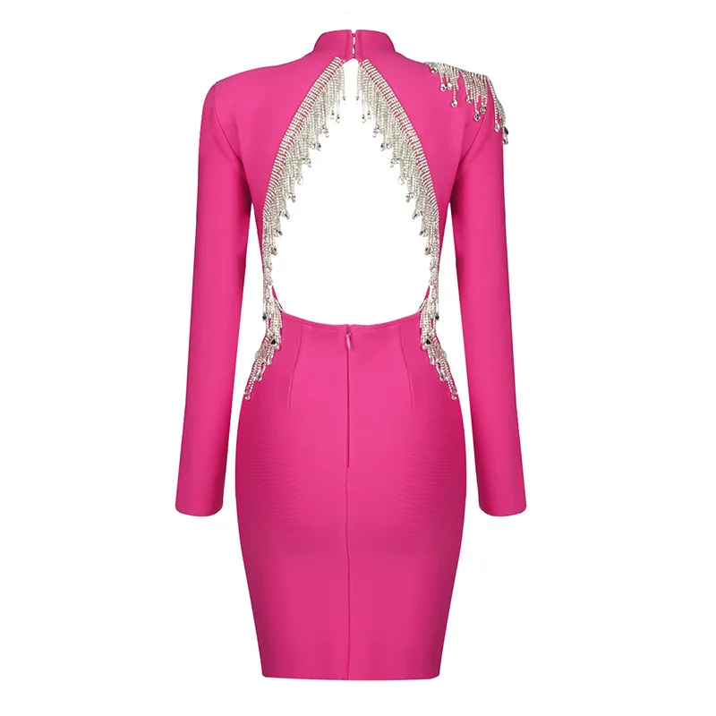 

Cross-border European and American women's sexy backless bandage skirt socialite party tassel drill dress hip dress skirt