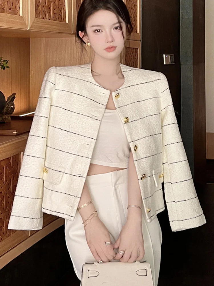 

Korean Fashion Casual Small Fragrance Tweed Jacket Coat Women Fall Winter Fried Street Striped Coat Casaco Woolen Outwear Top
