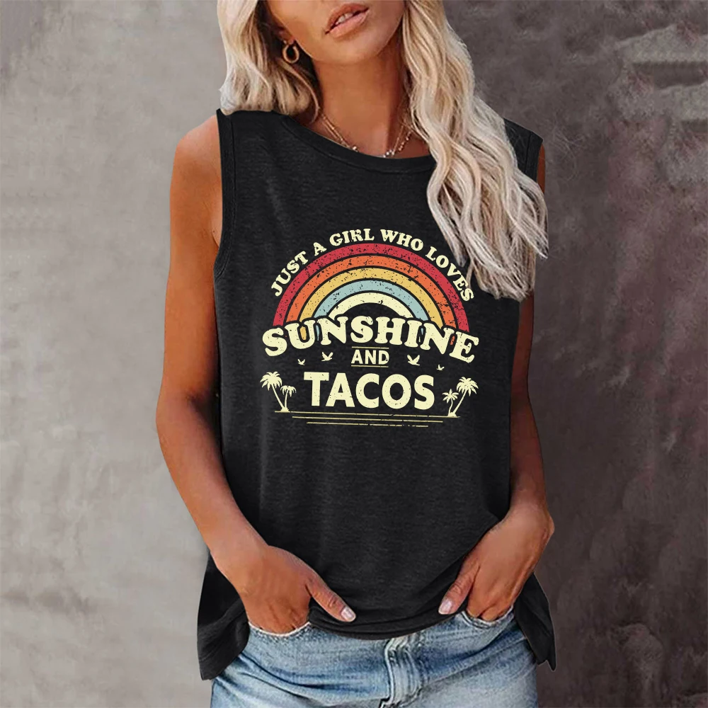 

Seeyoushy Just A Girl Who Loves Sunshine and Tacos Print Summer Women Tank Top Sleeveless New Graphic T Shirt Y2k Aesthetic Tops