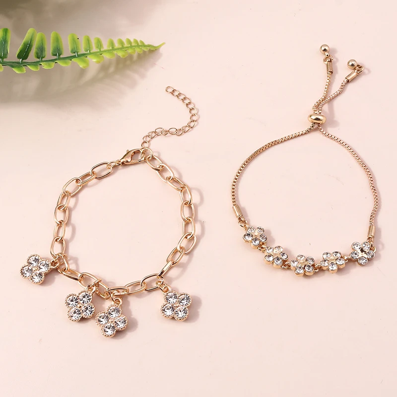 

2pcs Luxury Gold Color Crystal Bracelet For Women Fashion Rhinestones Three Leaf Charms Bracelets & Bangle Bridal Jewelry