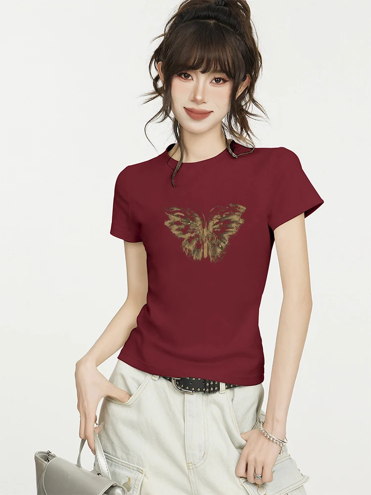 Винно-красная женская футболка с коротким рукавом и плечами Летний американский