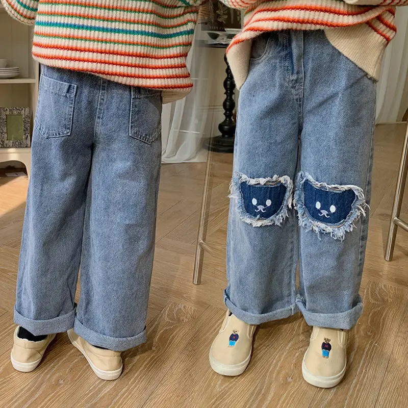 2023 Spring Autumn Girls Cute Cartoon Jeans Pant Baby Kids Children Casual Denim Trousers