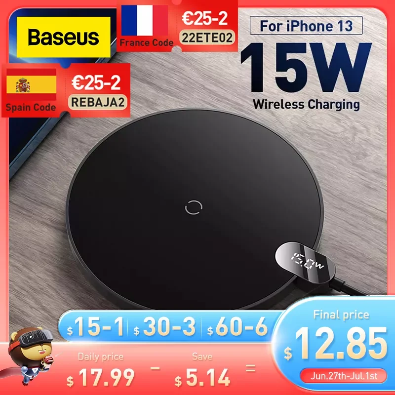 

NEW2023 Baseus 15W Qi Wireless Charger For iPhone 13 12 Pro Max Digital Display Fast Wireless Charging For Samsung Xiaomi pad 5