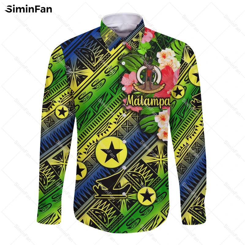 

Футболка Vanuatu Malampa с гавайским принтом, Повседневная рубашка с длинным рукавом, на пуговицах, с лацканами, унисекс