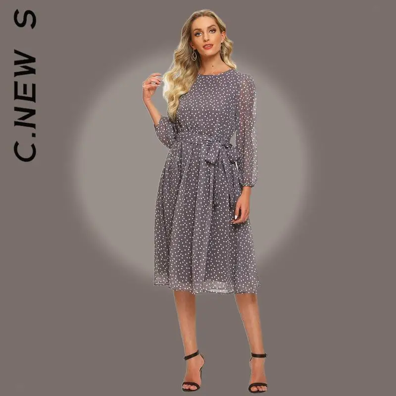 C. Новое Модное шифоновое платье-трапеция с круглым вырезом Женский Повседневный