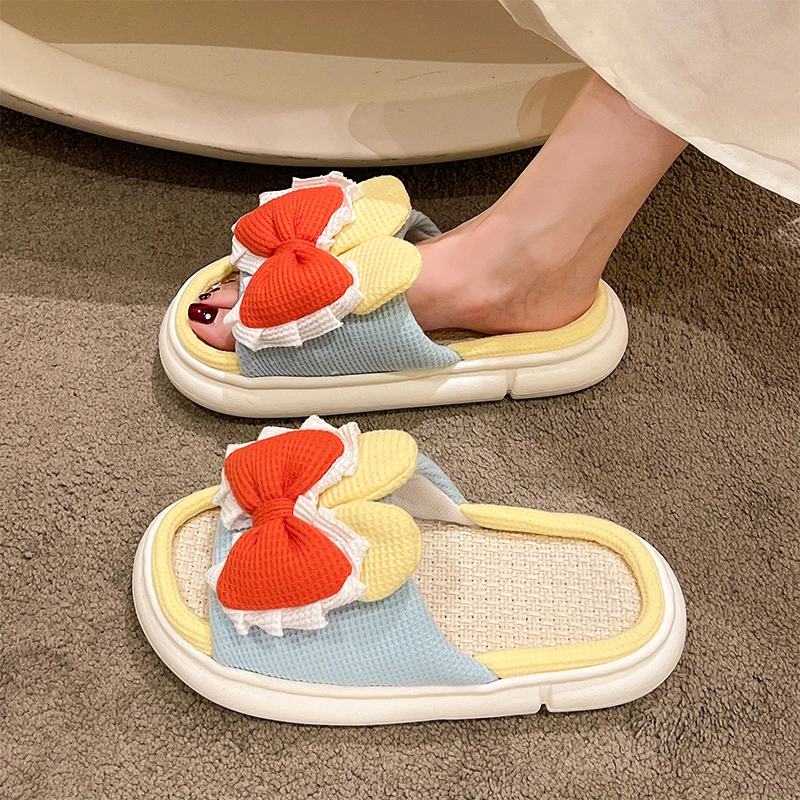 

Тапки женские домашние на платформе с бантиком-бабочкой, Осенние массажные шлепанцы на плоской подошве, сланцы из конопляной кожи, 2022