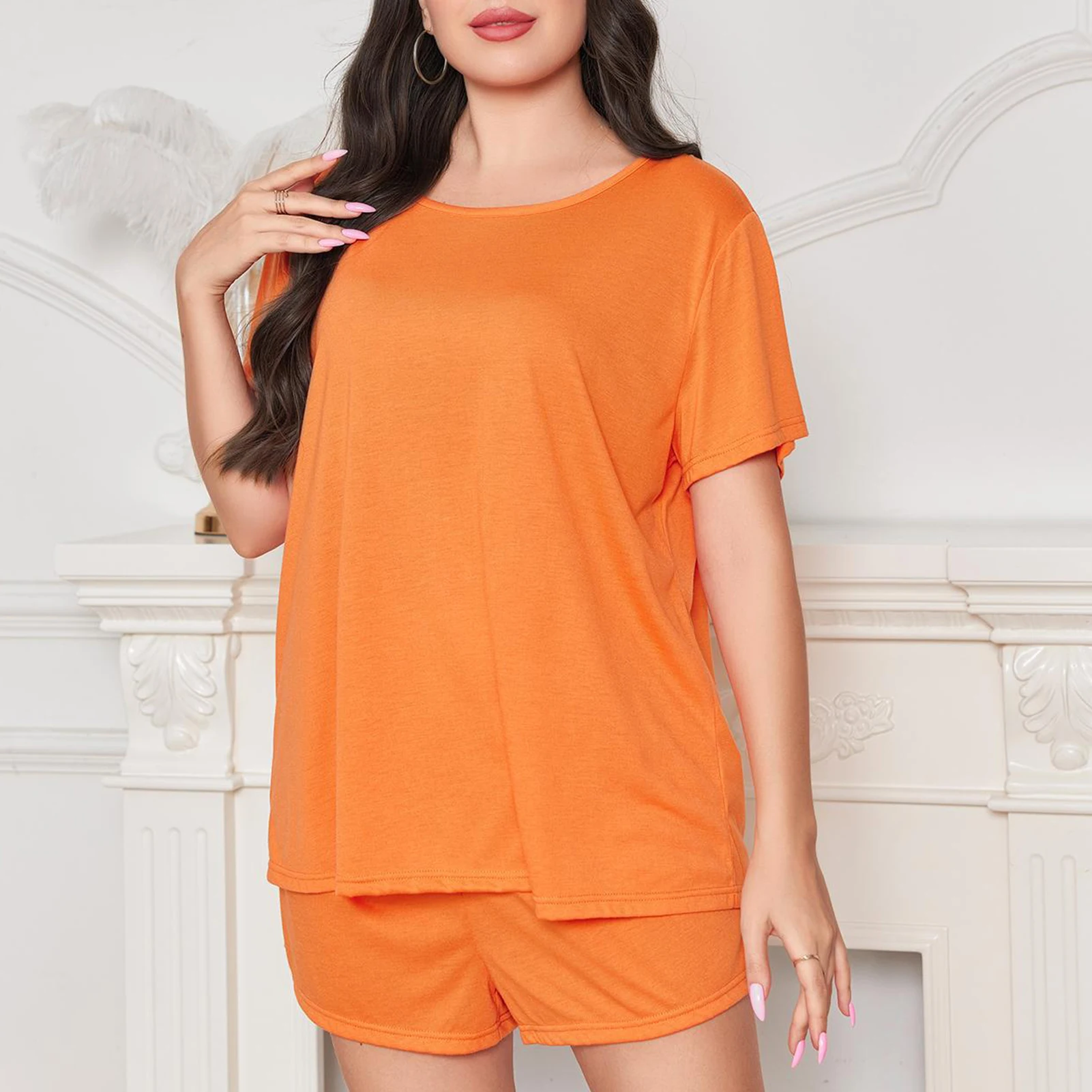 

Пижама женская с коротким рукавом и шортами, Модный домашний комплект из 2 предметов, Мягкий Топ с круглым вырезом, Повседневная Домашняя одежда, большие размеры