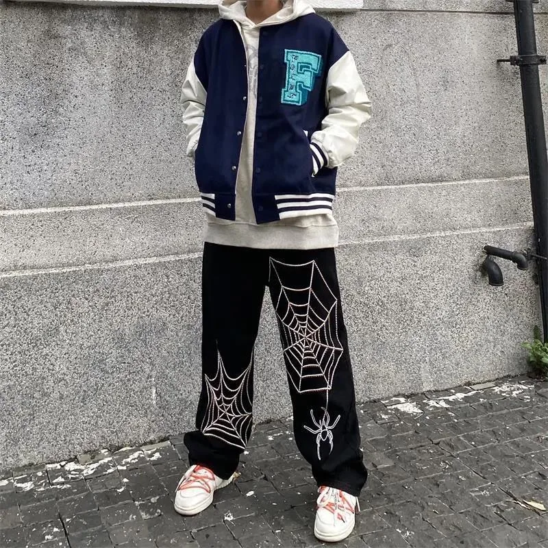 Jeans, American, High Street, Hip Hop, Men, Loose, Straight, Wide Leg Pants, Design, Spider Web, Print, Denim Trousers