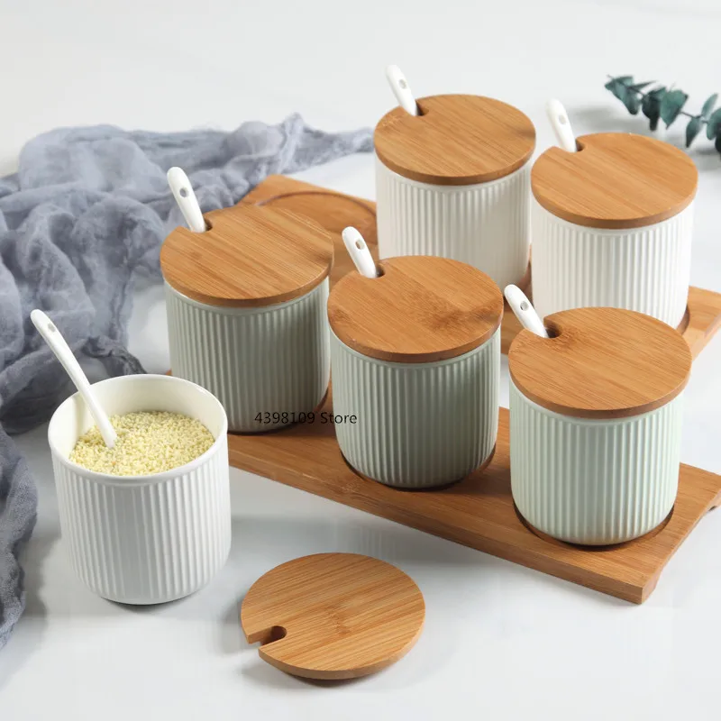 

Ceramic Striped Seasoning Jar Set Home Seasoning Box Salt Sugar Spice Jar with Tray Soy Sauce Vinegar Bottle Kitchen Accessories