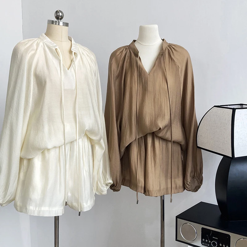 

Lace Up Long Sleeve Summer Pjamas for Women Shirts Tops and Wide Leg Shorts Suit Tracksuit Women Two Piece Set Lingerie