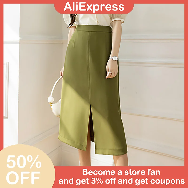 

Asymmetric Slit Female High Waist Slit A-line Bust Women Luxury Skirts Office Lady Length Elegant Skirt Bottoms Commuter Skirt