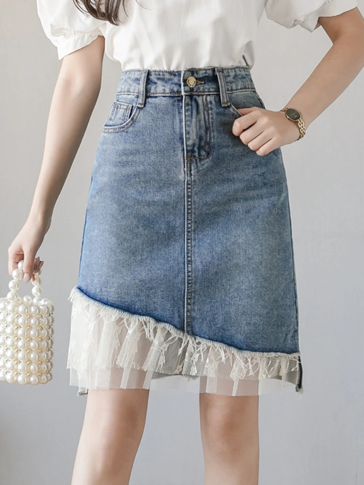 

LY VAREY LIN New Spring Summer High Waist A-line Denim Skirts Women Casual Lace Gauze Patchwork Short Skirts Lady Slim Skirts