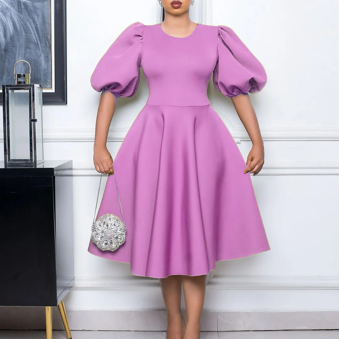 

Women Elegant Party Dress O Neck Short Lantern Sleeves Pleated A Line High Waist African Classy Summer Fashion Gowns Event Robes