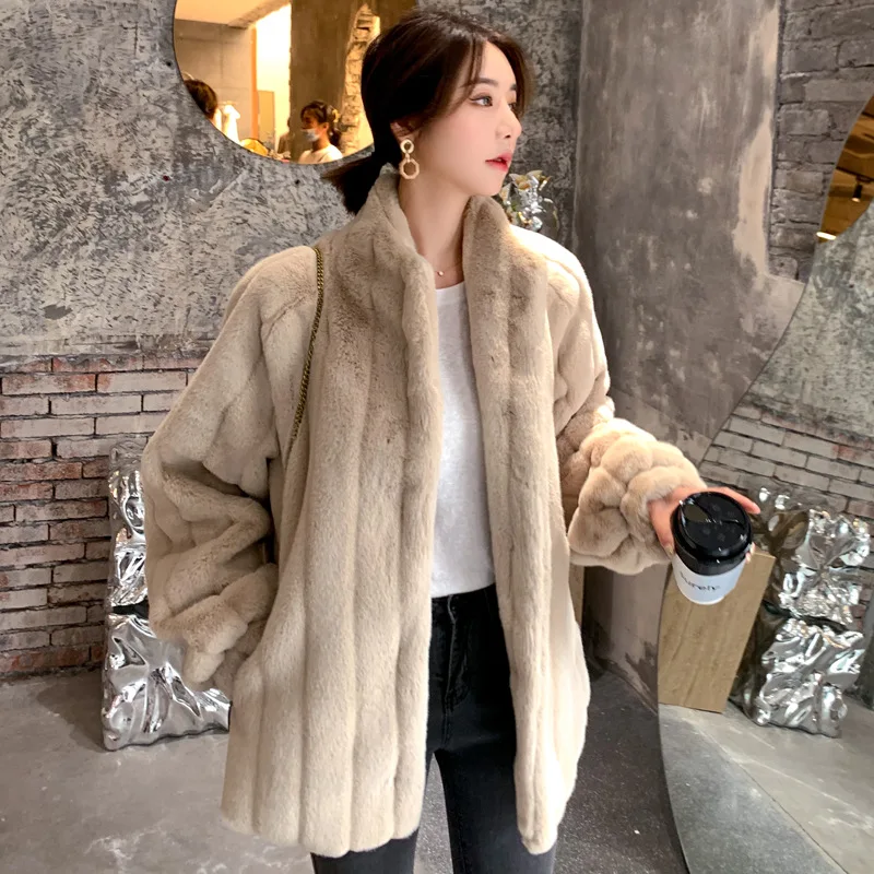 Plush clothes loose lamb wool coat stand collar wool coat