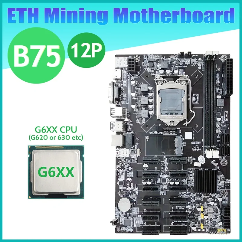 NEW-B75 12 PCIE ETH Mining Motherboard+G6XX CPU LGA1155 MSATA USB3.0 SATA3.0 Support DDR3 RAM B75 BTC Miner Motherboard