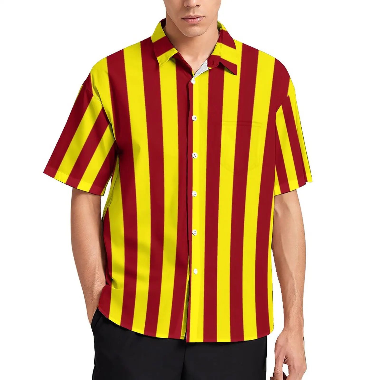 

Vertical Striped Blouses Men Burgundy and Yellow Casual Shirts Hawaii Short Sleeves Streetwear Oversize Vacation Shirt Present