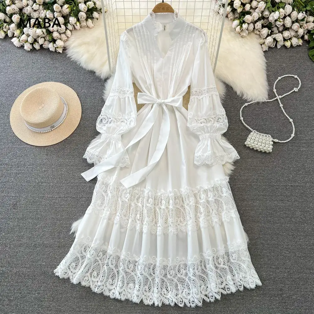 

2023 Women Vintage Lantern Sleeve V-Neck Lace Hollow Out Patchwork Luxury Runway Dresses Autumn Female Bandage Party long Dress