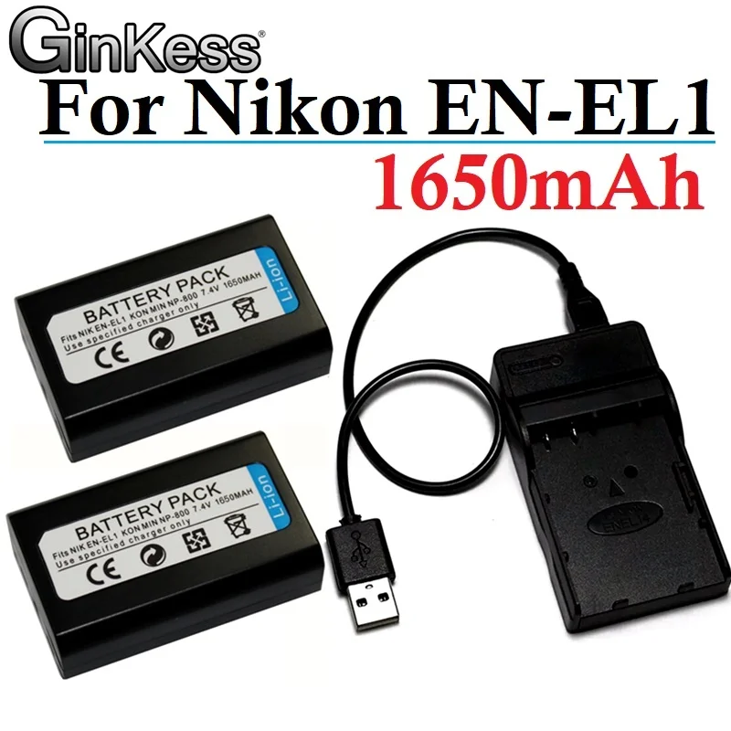 

GinKess EN-EL1 ENEL1 EN EL1 Battery 1650mAh and Charger For Nikon CoolPix 4300 5400 8700 500 775 880 885 990 995 Camera Bateria