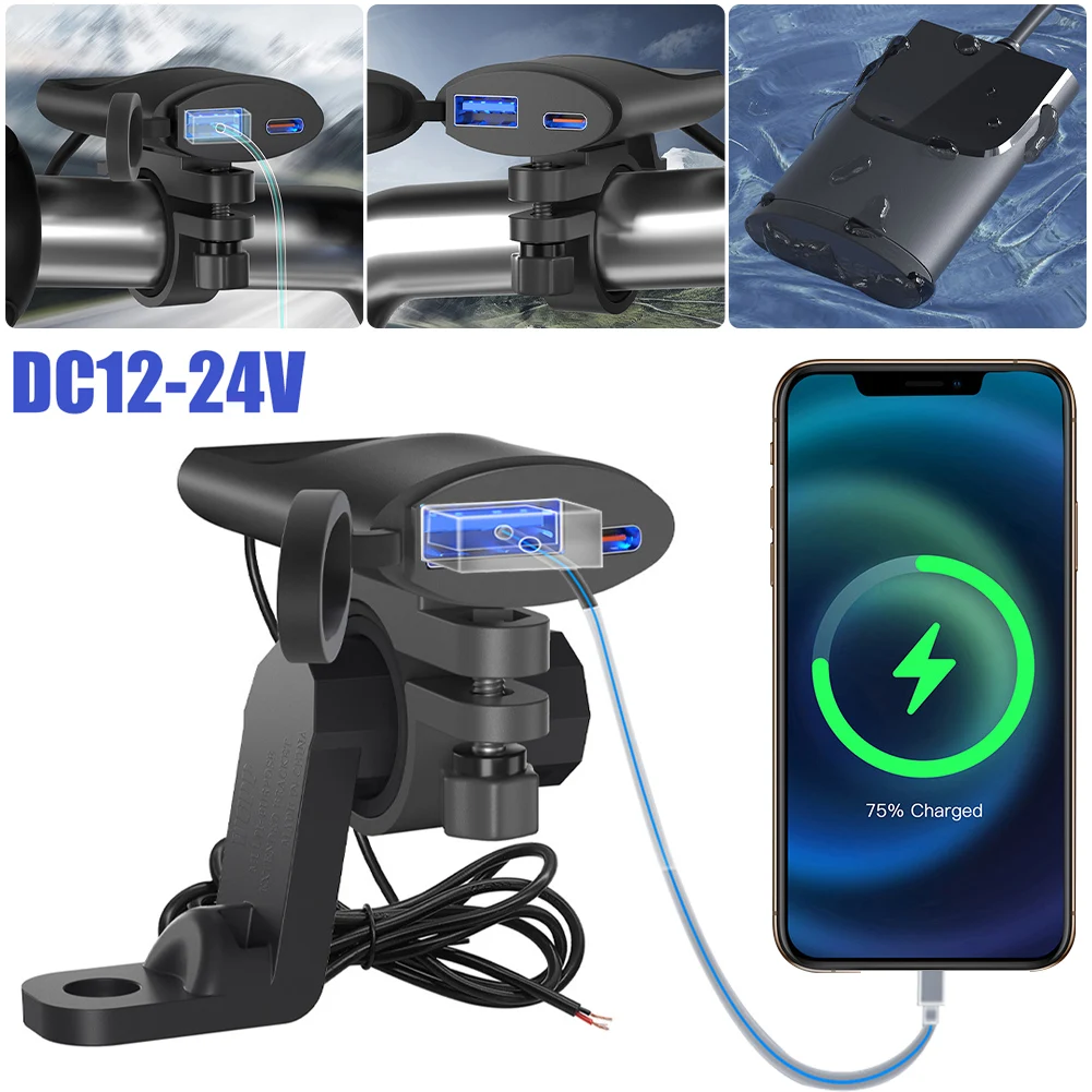 

Зарядное устройство для телефона мотоцикла, 12-24 В, QC3.0, USB Тип C, быстрое зарядное устройство для мотоцикла, водонепроницаемый адаптер для зарядного устройства, детали двигателя