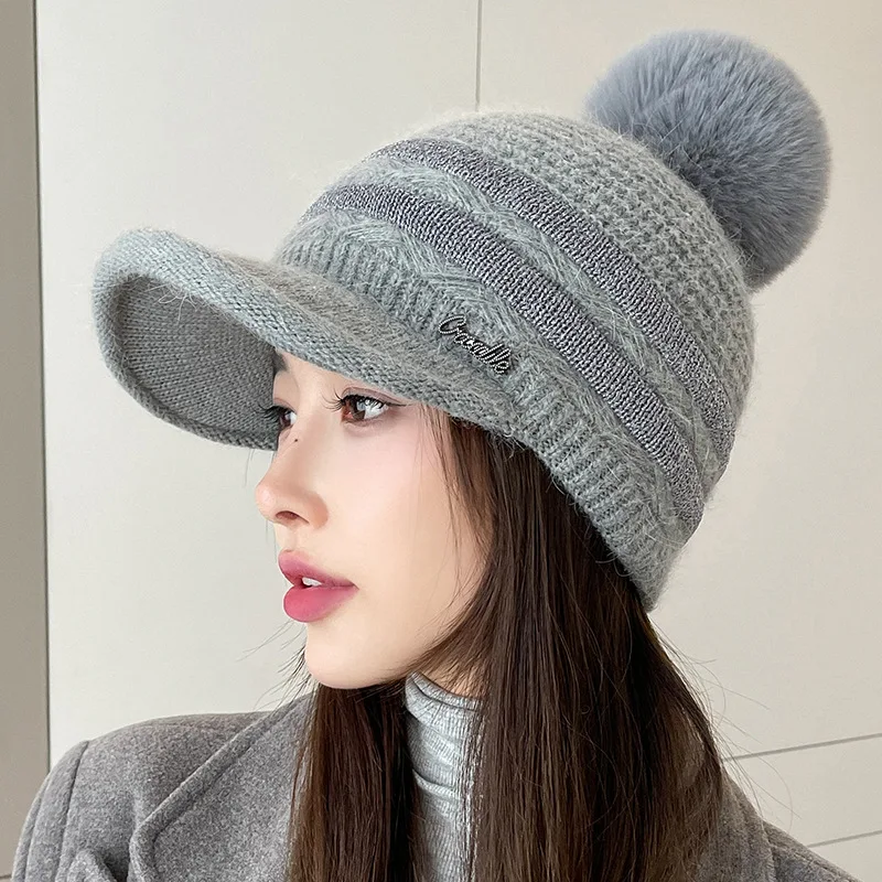 Зимние шапки для женщин бейсболка с помпоном из кроличьего меха вязаная зимняя