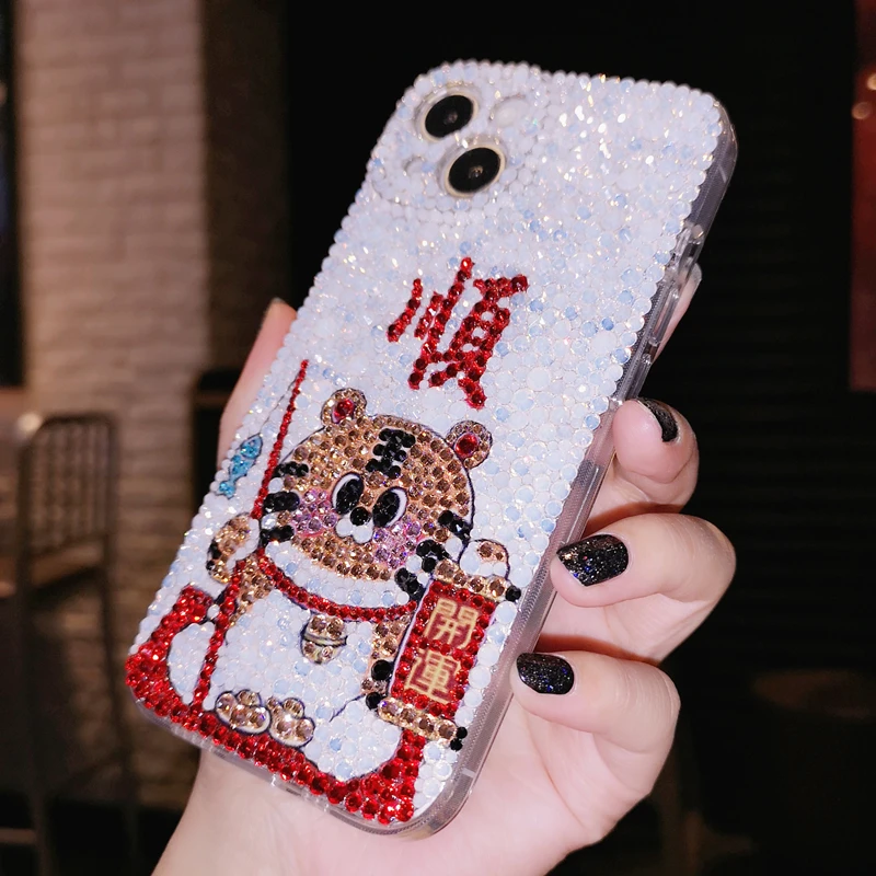 

Lucky tiger Handmade Case 3D Phone Cover for iPhone 7 8 11 12 13 x xs max pro plus Bing Crystal Diamond girl Gift Bracelet