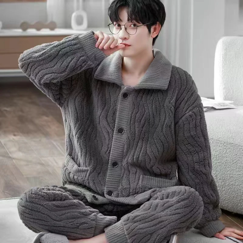 Men's Pajama Sets Winter Warm Thick 2 Piece Set Flannel Sleepwear Loose Long Sleeve Solid Color Homewear Homeclothes