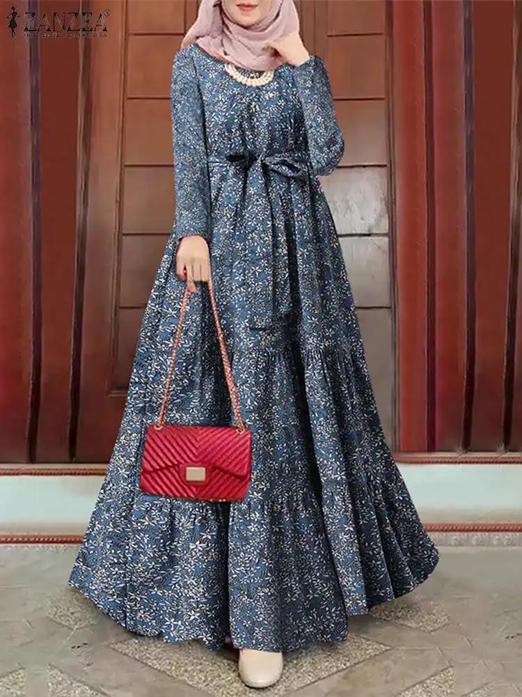 Платье-хиджаб женское на шнуровке, элегантный мусульманский сарафан с богемным принтом, с длинным рукавом, с круглым вырезом, с цветочным пр...