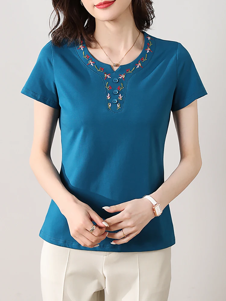 

Button Embroidery T Shirt Women Cotton Tee Shirt Korean Fashion Womens Clothes Camisetas De Mujer 2022 Short Sleeve Summer Tops