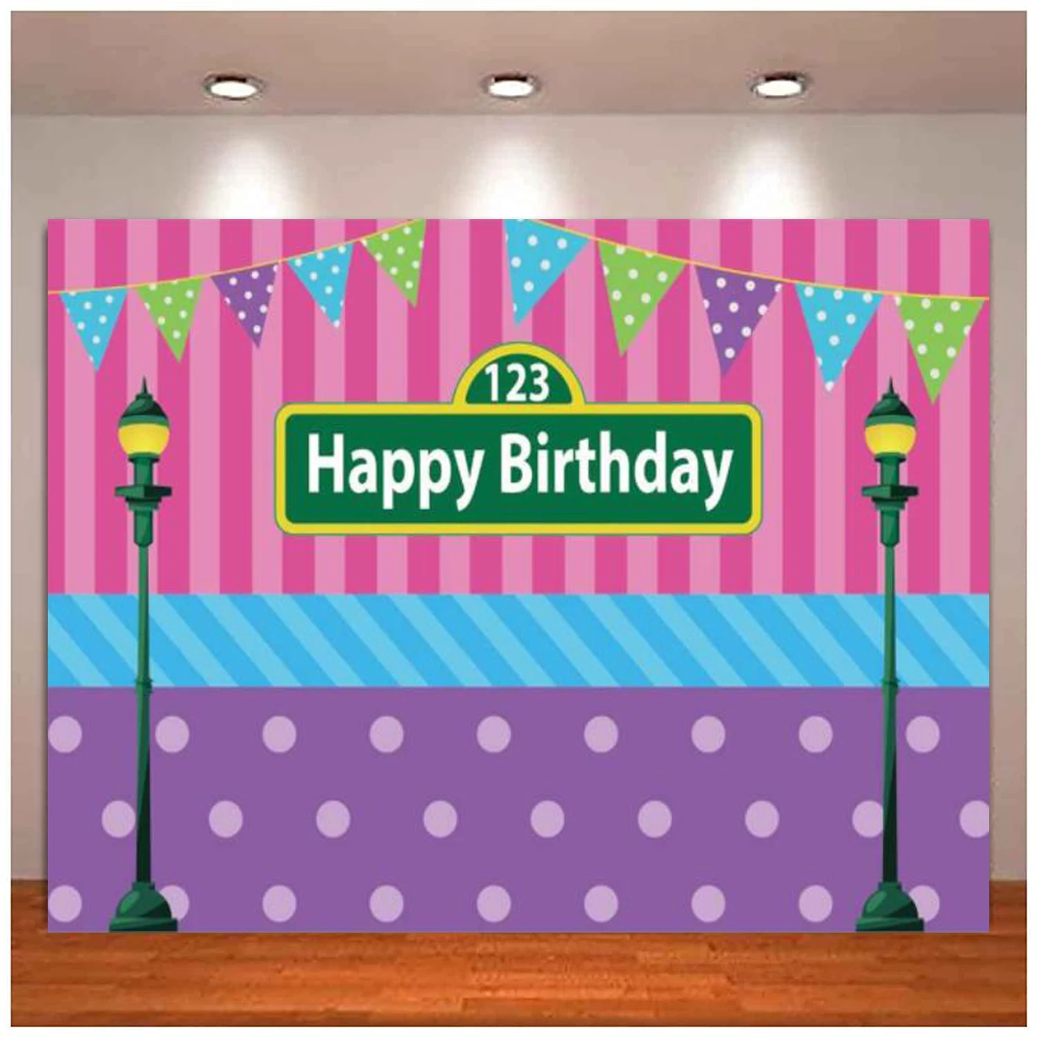 

Backdrop Girls First 1st Birthday Party Pink Blue Stripes Cake Table Decor Purple Dots Colorful Flags Street Festa Background