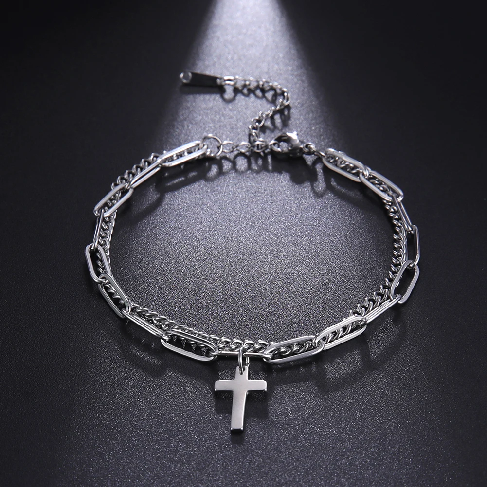 Women's Bracelets Cross Pendant Bracelet Stainless Steel Double Layer Bracelets for Men Women Birthday Gifts