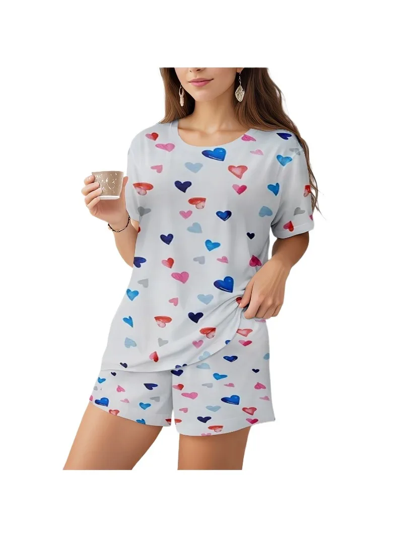 Женский комплект из шорт с принтом и U-образным вырезом коротким рукавом