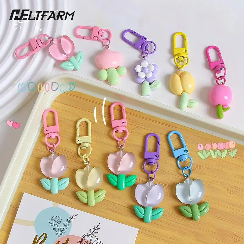 

Korean Style Fashion Candy Color Tulip Flower Pendant Keychain Bag Ornaments Earphone Case Decoration Car Key Accessories