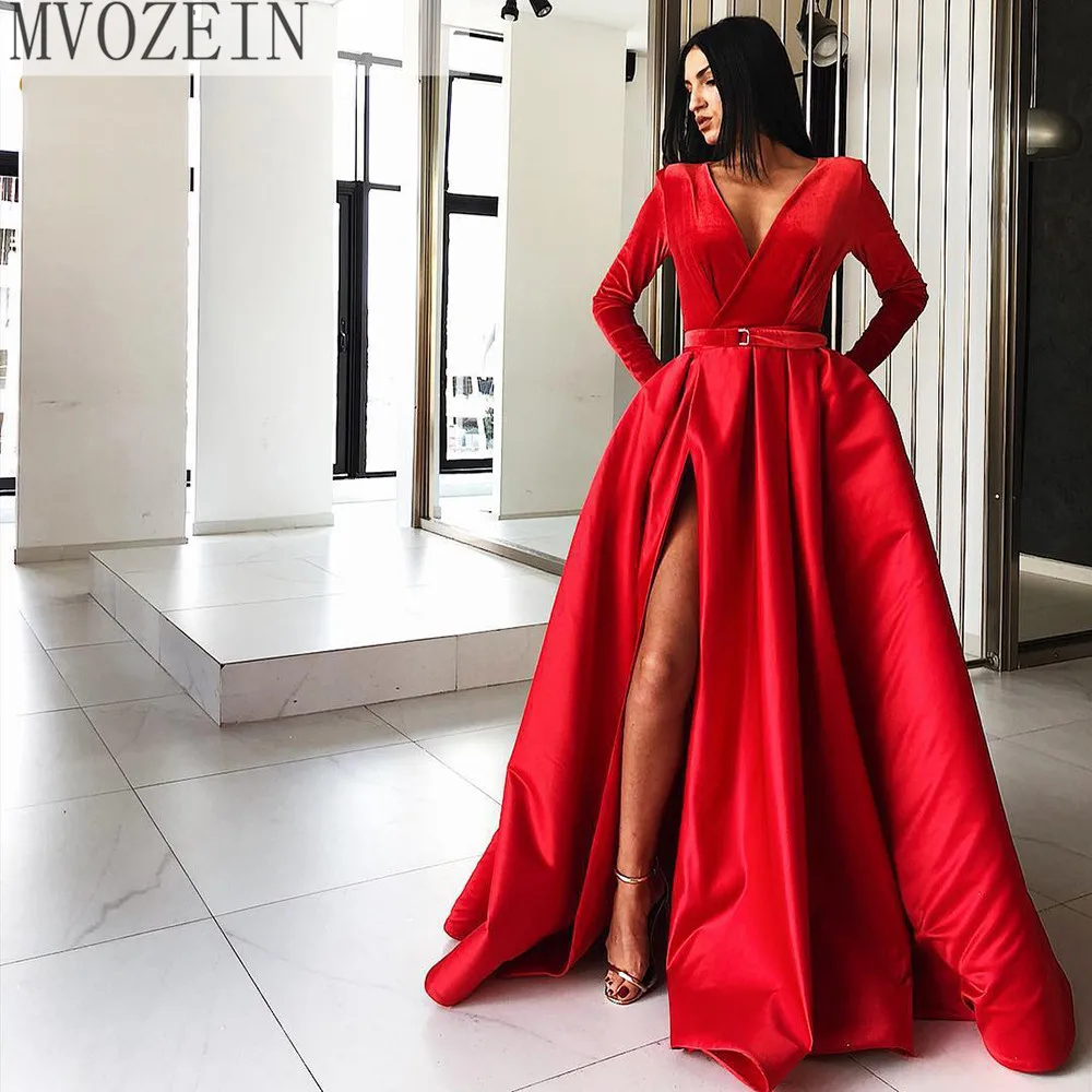

Real Photos Satin Evening Dresses Formal Party Dress With Side Pocket Long Sleeve Slit Velvet Christmas Robe De Soiree Prom Gown