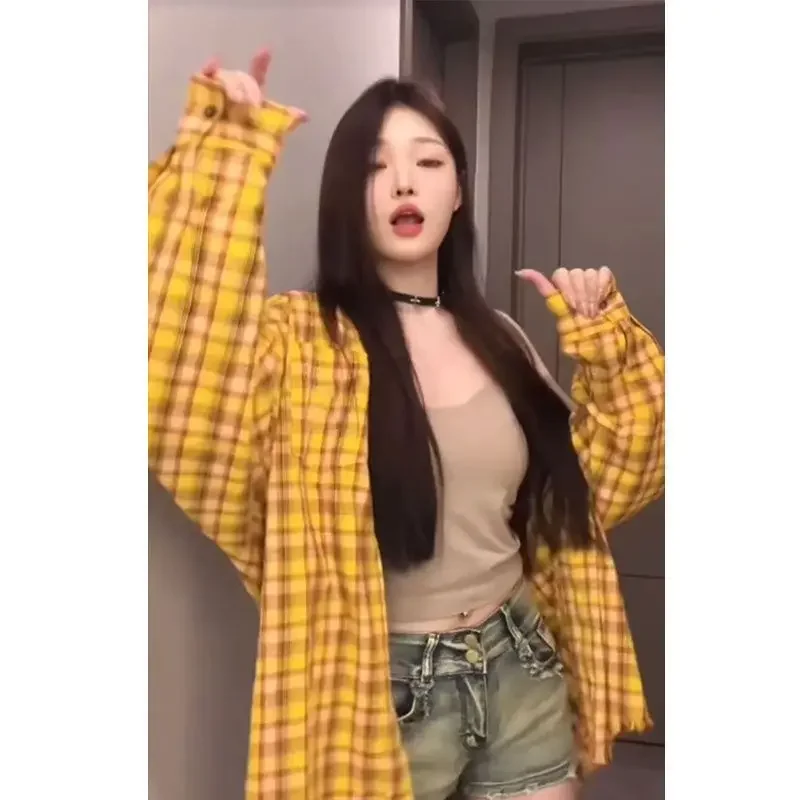 Осень 2024 новая желтая клетчатая рубашка с длинным рукавом американский стиль