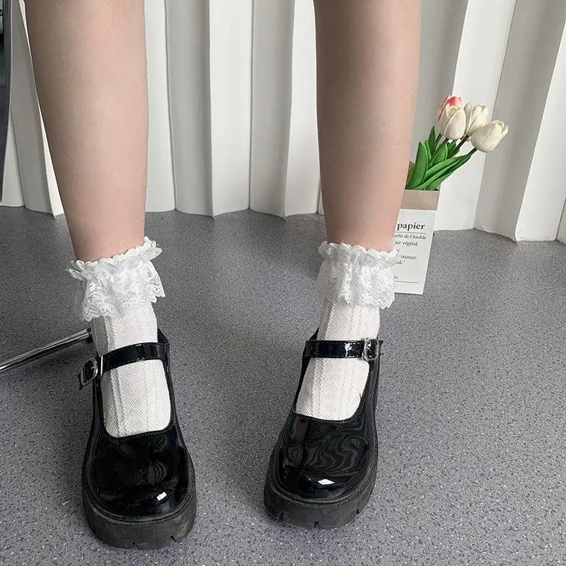 5 Pairs Lolita Socks White Bow Lace Socks Middle Tube Japanese College Style Princess Socks Sweet JK Streetwear Hosiery