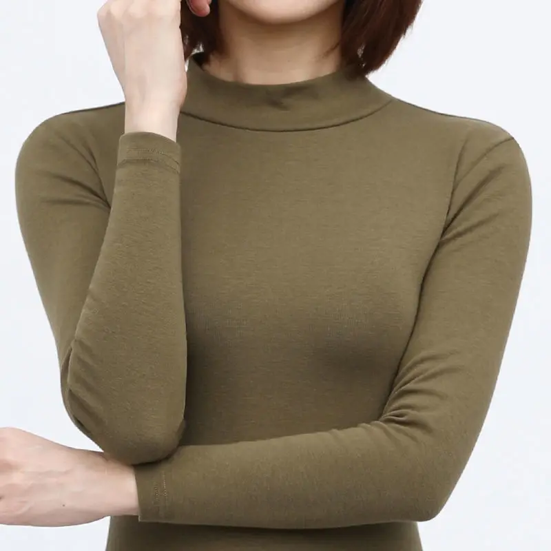 

Осенняя женская модная повседневная однотонная облегающая футболка с длинным рукавом и высоким воротником, свободная футболка, женские то...